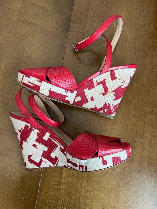 Longchamp Shoes - Longchamp Red Textured Open-Toe Ankle Strap Heels Size 7.5 (38)